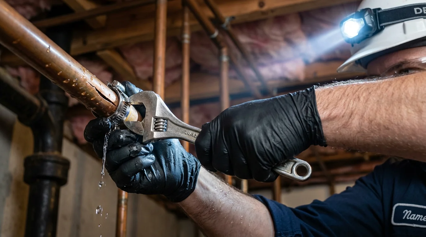 Emergency pipe clamp repair being performed by a Johns Plumbing LLC plumber in Ceredo